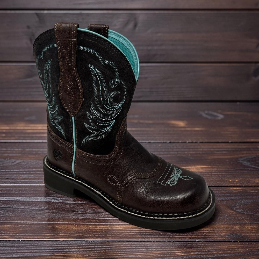 Ariat Brown Leather Western Ankle Boot with Teal Stitching